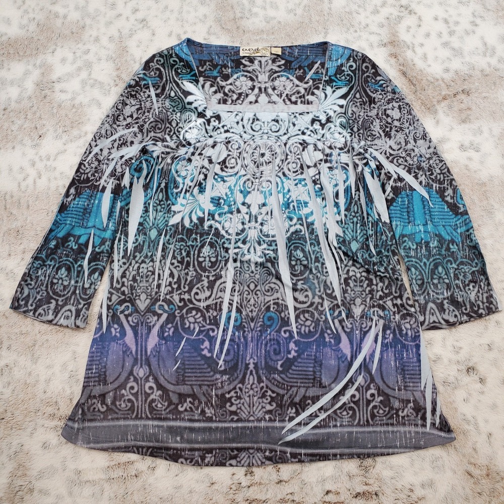 One World Energé Babydoll Blue Satin Fairy Whimsy Core Blouse Top Shirt Size L